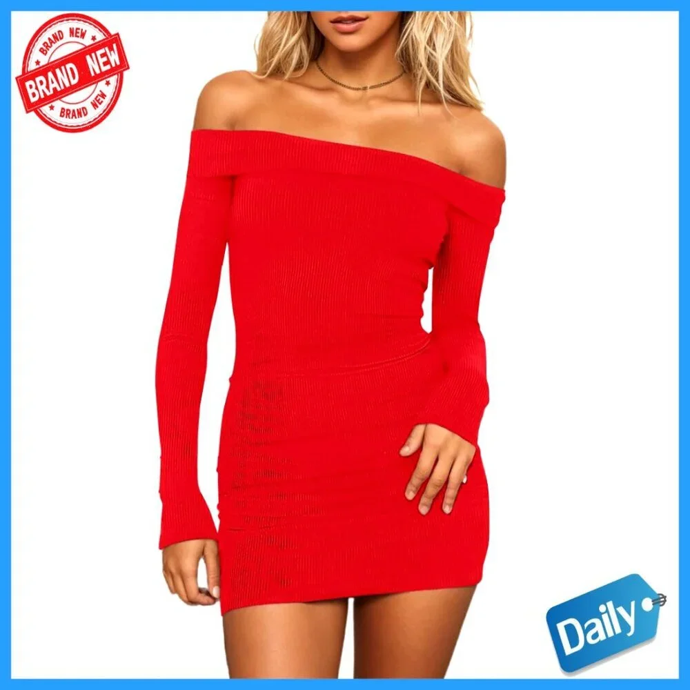 Off Shoulder Ribbed Long Sleeve Bodycon Mini Dress Party Club Night Out